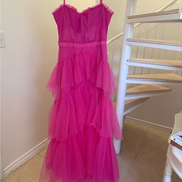 Betsy & Adam Pink Layered Prom Dress - Picture 1 of 5